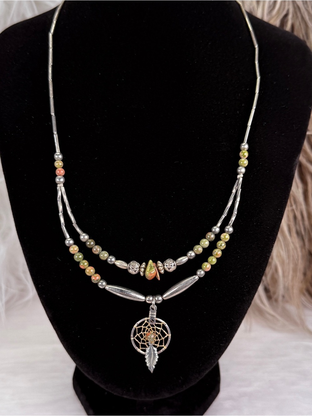 Vintage Southwestern Dreamcatcher Double Strand Beaded Pendant Necklace